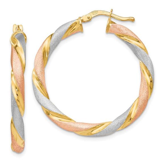 3.5mm Tri-Color Twisted Round Hoops in Gold Tone Sterling Silver, 33mm - Picture 1 of 5